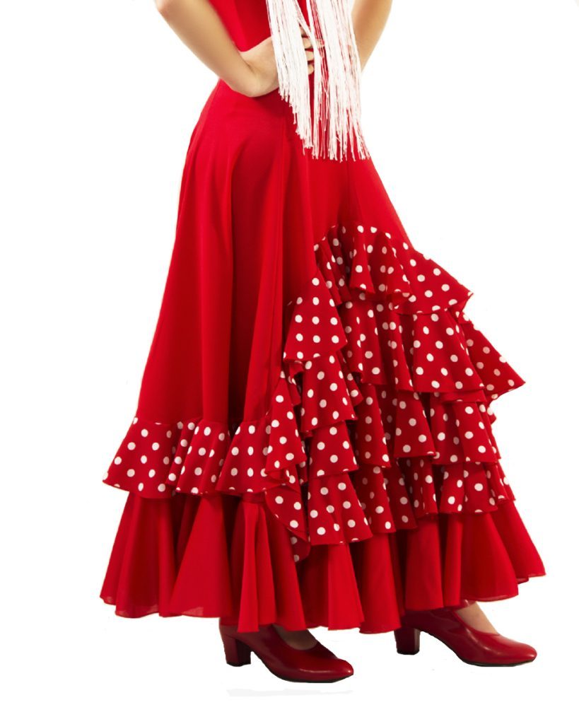 Falda flamenca de color rojo o negro con 5 volantes en cascada en el  lateral con topos blancos - F-CROJ-TB