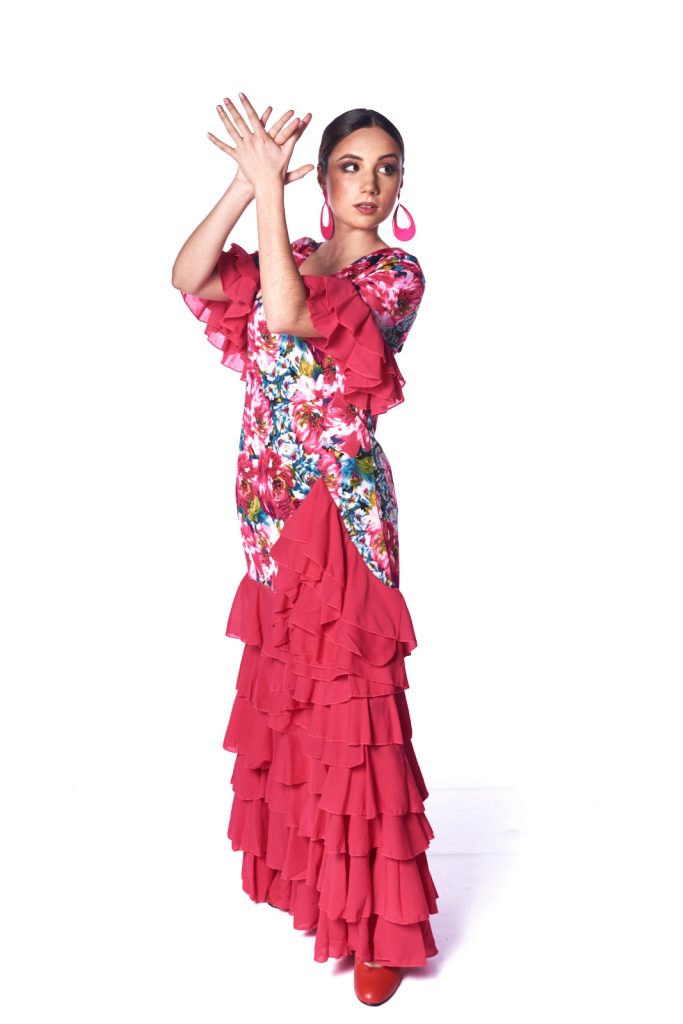 Vestido flamenco estampado de manga 3/4 con volantes para mujer - V-EST-FLLIL | ANUKA - Tienda flamenca de especializada en grupos